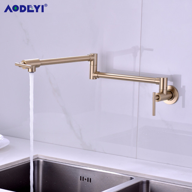 Pot Filler Tap Wall Mounted Foldable Kitchen Tap Single Cold Single Hole Sink Taps Rotate Folding Spout Brushed Gold SUS304