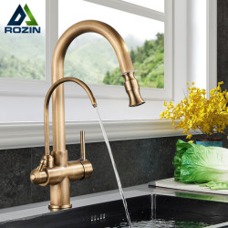 Rozin Filter Water Kitchen Tap 2 in 1 Antique Brass Pull Out Nozzle Kitchen Purification Crane 2 Ways Swivel Mixer Tap