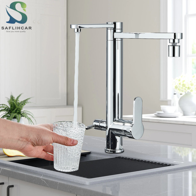 Chrome Kitchen Tap Filtered Pure Water Dual Handle Dual Spout Pure Hot Cold Water Mixer Taps Flexible Spout