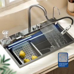 Waterfall Sink Basin Large Single Slot Digital Display 304 Stainless Steel Sink With Waterfall Tap For Kitchen Renovation