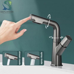 Gray Kitchen Sink Tap 360 Degree Rotating Pull Out Button Key Basin Tap Single Handle Hot Cold Mixer Tap
