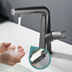 Gray Kitchen Sink Tap 360 Degree Rotating Pull Out Button Key Basin Tap Single Handle Hot Cold Mixer Tap