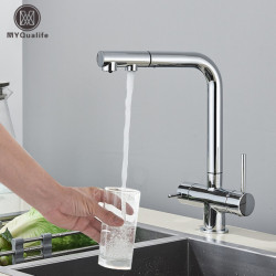 Chrome Brass Pull Out Filtered Kitchen Tap Dual Handle Hot Cold Drinking Water 3-Way Filter Purification Mixer Taps