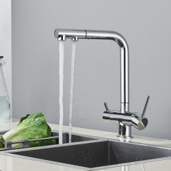 Chrome Brass Pull Out Filtered Kitchen Tap Dual Handle Hot Cold Drinking Water 3-Way Filter Purification Mixer Taps