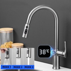 Temperature Digital Display Pull Out Tap Kitchen Single Handle Kitchen Sink Rotation Mixer Sprayer Hot And Cold Water Taps