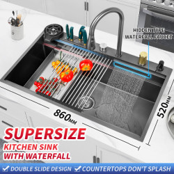 Waterfall Kitchen Sink Stainless Steel Sink Large Single Slot Above Mount Apron Front Dishwasher Smart Wash Basin Sink Tap