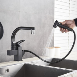 Suguword Kitchen Tap Matte Black Pull Out Bidet Spray Hot and Cold Water Mixer Tap 360 Degree Rotation Sink Crane