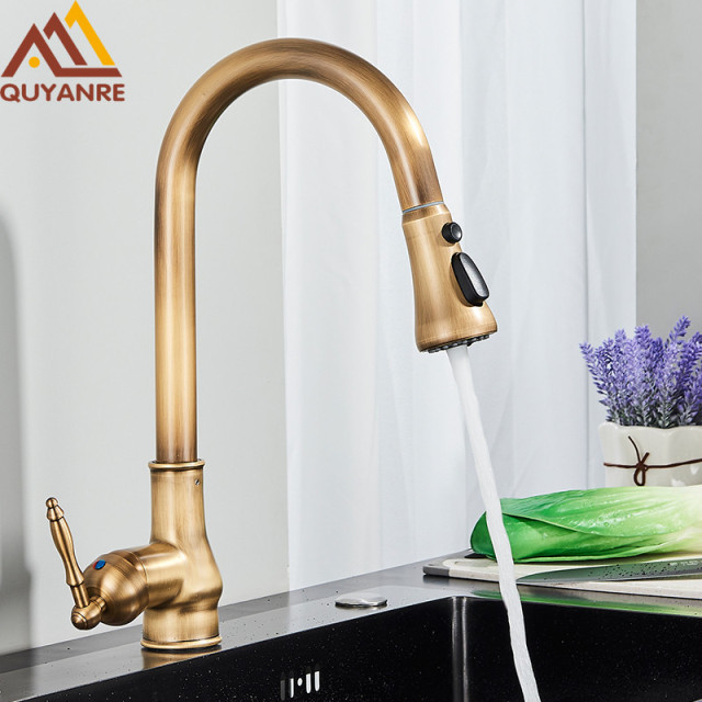 Quyanre Antique Brass Pull Out Kitchen Tap Hot Cold Water Mixer Crane For Bathroom 360 Rotation Kitchen Mixer Tap Basin Taps