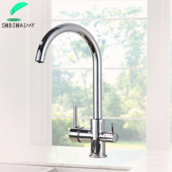 Chrome Filter Kitchen Tap Drinking Pure Water Kitchen Tap Deck Mounted Dual Handles 3-Ways Hot and Cold Water Mixer