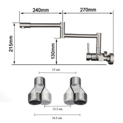 Brushed Kitchen Sink Tap 304 Stainless Steel In-wall Double Hole 360° Rotation Universal Folding Hot Cold Mixer Kitchen Crane