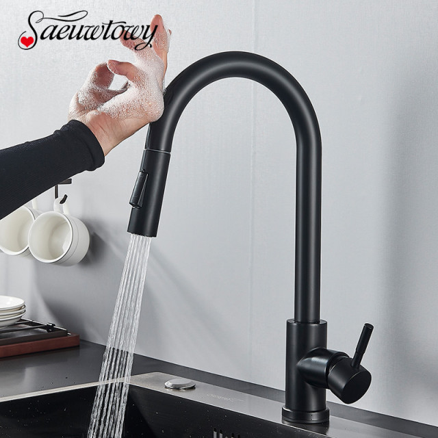 Matte Black Touch Sensor Kitchen Tap Pull Out Smart Sensor Kitchen Tap Double Water Mode Mixer Tap Rotate Hot Cold Crane