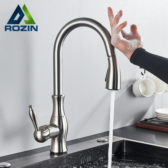 Rozin Upgrade Smart Touch Kitchen Tap Poll Out Sensor Taps Nickel/Black 360 Rotation Crane Dual Outlet Water Mixer Taps