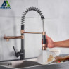 Rozin Black and Rose Golden Spring Pull Down Kitchen Sink Tap Hot & Cold Water Mixer Crane Tap with Dual Spout Deck Mounted