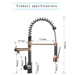 Rozin Black and Rose Golden Spring Pull Down Kitchen Sink Tap Hot & Cold Water Mixer Crane Tap with Dual Spout Deck Mounted