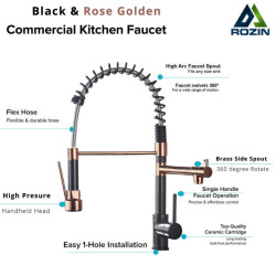 Rozin Black and Rose Golden Spring Pull Down Kitchen Sink Tap Hot & Cold Water Mixer Crane Tap with Dual Spout Deck Mounted