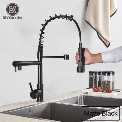 Black Pull Down Brass Kitchen Sink Tap Hot Cold Water Mixer Crane Tap with Dual Spout 360 Rotation High Tap Deck Mounted