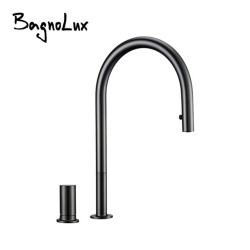 Pull Down Kitchen Sink Tap Brushed Gunmetal Black Single Handle Double Hole Hot And Cold Sprayer Brass Countertop Mounted