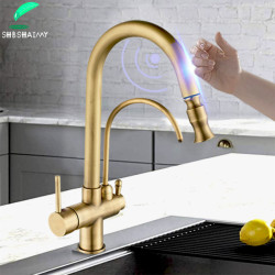 Antique Brass Touch Kitchen Tap Dual Handle Tap Deck Mounted 360 Rotation Pull Out Soft Water Wash Hot Cold Mixer Crane Taps