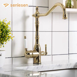 Golden Kitchen Filter Tap Brass 360 Rotation Purification Kitchen Tap Double Handle Dual Water Mode Hot Cold Mixer Taps