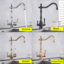 Golden Kitchen Filter Tap Brass 360 Rotation Purification Kitchen Tap Double Handle Dual Water Mode Hot Cold Mixer Taps