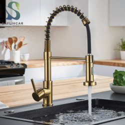 Brushed Gold Kitchen Sink Tap Spring Pull-down Hot Cold Mixer Tap Deck Installation Tap