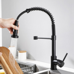 Black and Chromed Spring Pull Down Kitchen Sink Tap Hot and Cold Water Mixer Crane Tap with Dual Spout Deck Mounted