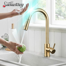Brushed Gold Touch Kitchen Tap Pull Out Sensor Touch Kitchen Tap Crane Double Water Mode Mixer Tap Battery Power