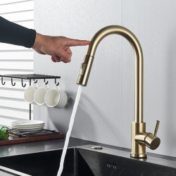 Brushed Gold Touch Kitchen Tap Pull Out Sensor Touch Kitchen Tap Crane Double Water Mode Mixer Tap Battery Power