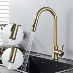 Brushed Gold Touch Kitchen Tap Pull Out Sensor Touch Kitchen Tap Crane Double Water Mode Mixer Tap Battery Power