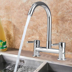 Kitchen Sink Mixer Tap Metal Copper Dual Handle Hot and Cold Mixed Water Tap 2 Hole Deck Mounted Tap Kitchen Supplies
