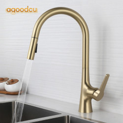 Brushed Gold Kitchen Tap 360 Rotation Deck Mounted Hot Cold Water Sink Mixer Tap Stream Sprayer Wash Single Handle Brass Taps