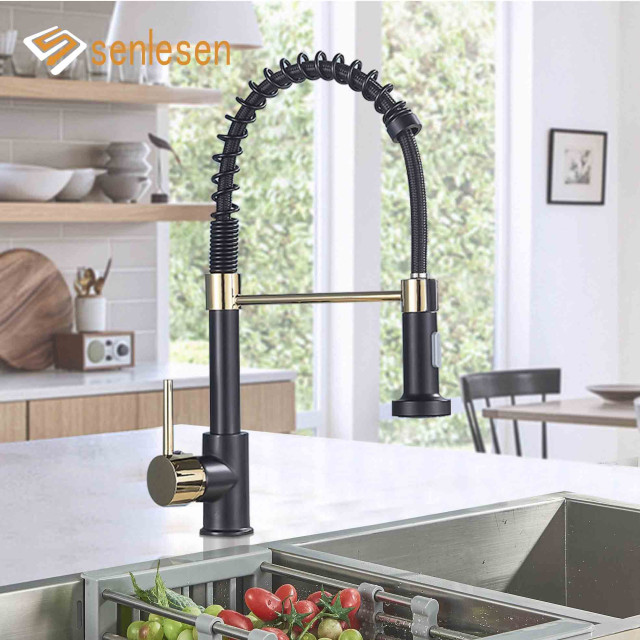 Senlesen Kitchen Spring Tap Black and Golden Double Water Modes Pull Down Single Handle Hot and Cold Water Mixer Sink Tap