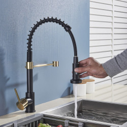 Senlesen Kitchen Spring Tap Black and Golden Double Water Modes Pull Down Single Handle Hot and Cold Water Mixer Sink Tap