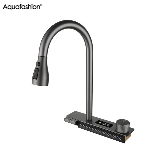 Gun Grey Digital Display Pull-out Kitchen Tap Stainless Steel Multifunctional Hot and Cold Mixer Tap for Kitchen Sink