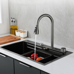 Gun Grey Digital Display Pull-out Kitchen Tap Stainless Steel Multifunctional Hot and Cold Mixer Tap for Kitchen Sink