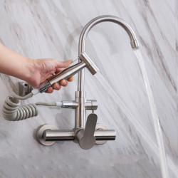 Wall Mount Kitchen Tap Stainless Steel Swivel Dual Hole Sink Tap with Bidet Sprayer Shower Head Cold Hot Water Mixer Taps