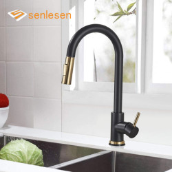 Senlesen Kitchen Sink Tap Pull Out Sprayer Nozzle Black Gold Tap Deck Mount Hot and Cold Water Single Hanlde Kitchen Sink