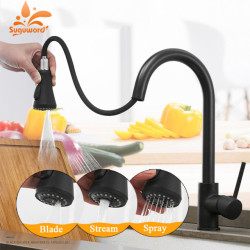 Suguword Matte Black Kitchen Tap 3 Function New Blade Outlet Mode Pull Out Sprayer Kitchen Mixer Tap Hot and Cold Water Taps