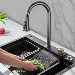New 4 Modes Waterfall Grey Sink Kitchen Tap Hot Cold Pull Out Mixer Sprayer Head Flying Rain Tap Single Hole Deck Mounted