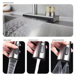 New 4 Modes Waterfall Grey Sink Kitchen Tap Hot Cold Pull Out Mixer Sprayer Head Flying Rain Tap Single Hole Deck Mounted