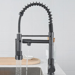 Black Kitchen Tap Black and Rose Golden Spring Pull Down Kitchen Sink Tap Hot & Cold Water Mixer Crane Tap with Dual Spout