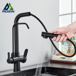 Rozin Filter Kitchen Tap Black 2 in 1 Purification Kitchen Taps Flexible Pull Out 2 Ways Nozzle Hot Cold Mixer Tap Crane