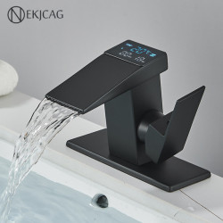 Smart Digital Display Basin Tap Hot Cold Water Temperature LED Waterfall Sink Taps Bathroom Deck Installation Mixer Crane