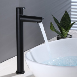 Bathroom Basin Tap Matte Black Modern 304 Stainless Steel Waterfall Tall Sink Lavatory Vessel Tap Single Lever Cold Water Tap