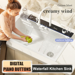 Stainless Steel Kitchen Sink Smart White Large Single Bowl Nano Digital Display Washbasin Multifunctional Waterfall Sink Tap