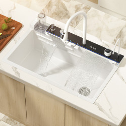 Stainless Steel Kitchen Sink Smart White Large Single Bowl Nano Digital Display Washbasin Multifunctional Waterfall Sink Tap