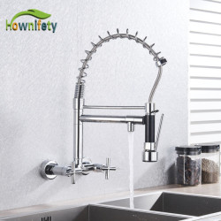 Dual Handle Spring Kitchen Tap 2 Spout Hot Cold Water Washing Wall Mount Mixer Tap 360 Degree Rotation