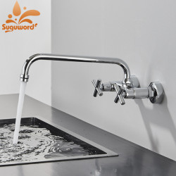 Chrome Kitchen Sink Tap Long Spout Rotation Daul Handle Cold Hot Water Mixer Washing Tub Crane