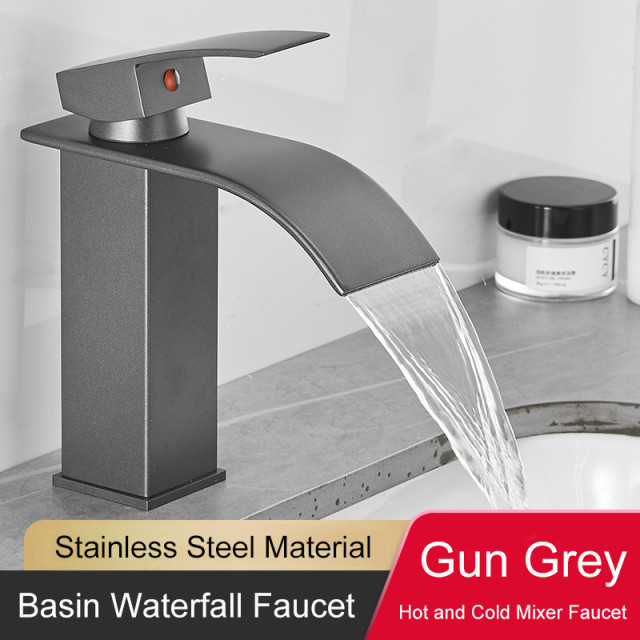 Bathroom Tap Basin Hot And Cold Water Mixer Vanity Tap Gun Grey Finish Deck Mount Sink Mixer Waterfall Washbasin Tap