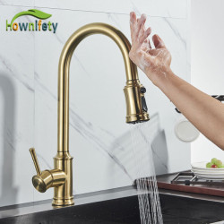 Brushed Gold Kitchen Sensor Tap Pull Out Stream Spray Mode Deck Mount Rotation Hot Cold Mixer Crane Tap Smart Touch
